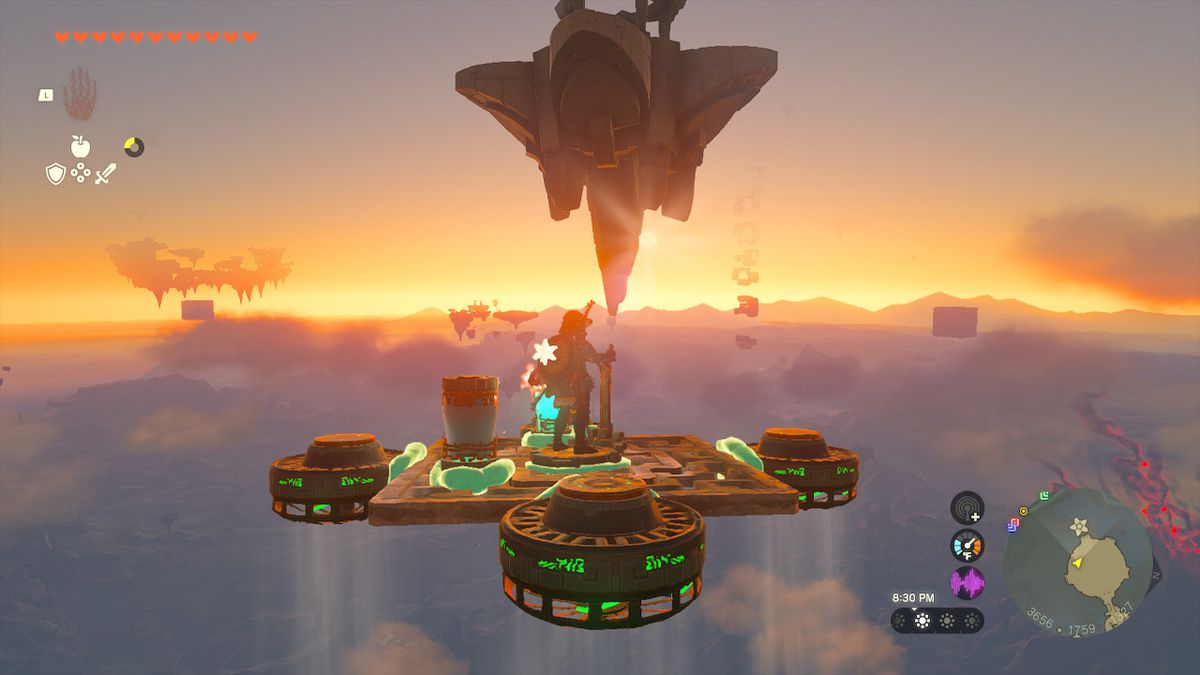 Usando il veicolo, Link guadagna elevazione verso l'isola a forma di stella in Zelda: Tears of the Kingdom