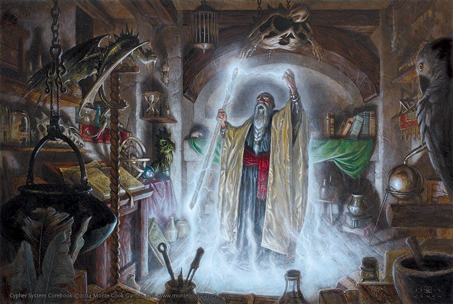 Un mago si trova all'interno di un filattorio, circondato da molti tomi e artefatti.  Un piccolo drago guarda mentre lancia un incantesimo fulmineo con un bastone.