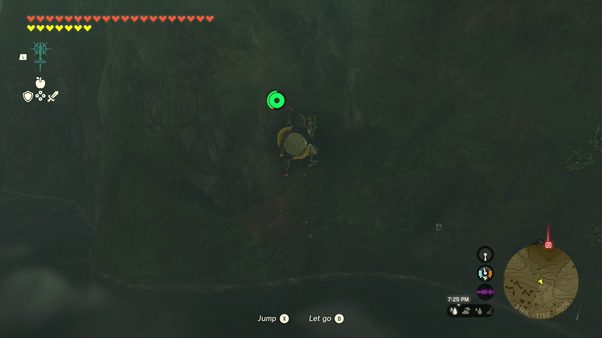 Link, con indosso la sua armatura Froggy, si arrampica su un umido muro di muschio verso il Santuario di Jogou nella Lanayru Road East Cave