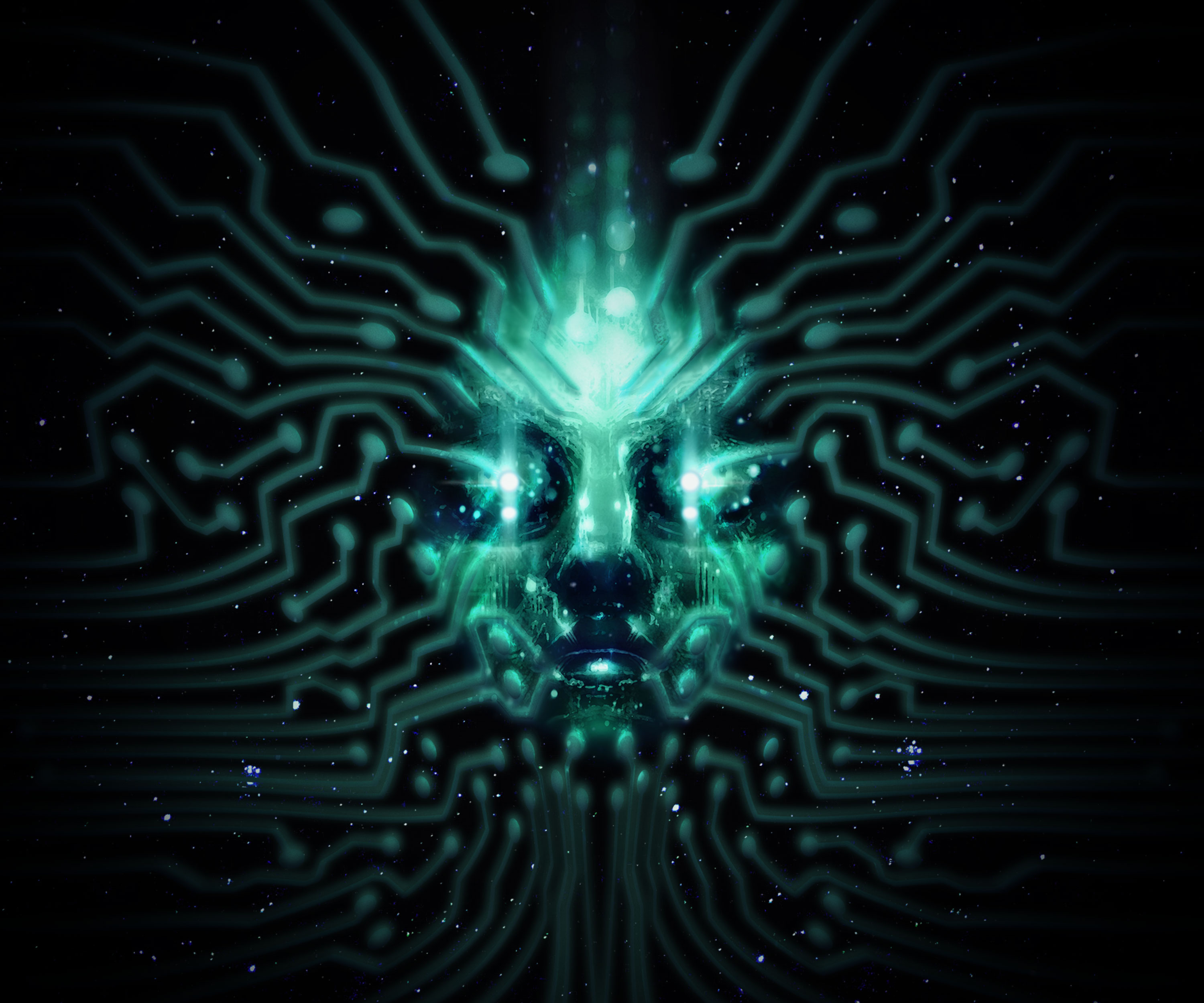 SHODAN, l'IA malvagia nel remake di System Shock, mostrata come una serie di percorsi digitali attraverso un'intera immagine
