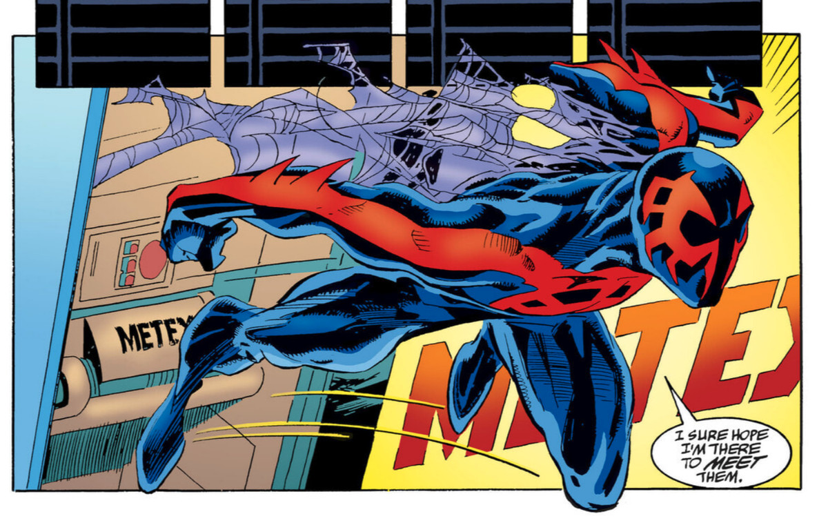 Spider-Man 2099 entra in azione con il suo costume blu e rosso e il mantello sbrindellato in un pannello di Spider-Man 2099 (Vol.1) #4, Marvel Comics, 1992
