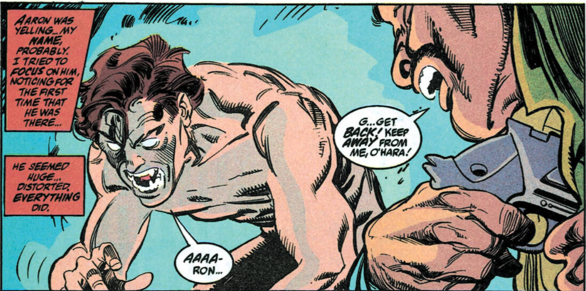 Un Miguel O'Hara nudo e mostruoso con zanne e occhi completamente bianchi si accovaccia in uno stordimento apparentemente omicida mentre un uomo sul bordo del pannello estrae una pistola da una fondina ascellare in preda al panico.  Da Spider-Man 2099 (Vol.1) #2, Marvel Comics, 1992