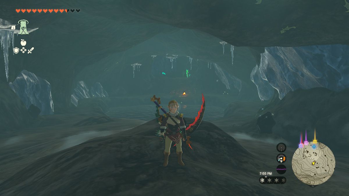 Link si trova su un piccolo tumulo roccioso di fronte all'interno di una grotta con uno stagno al centro