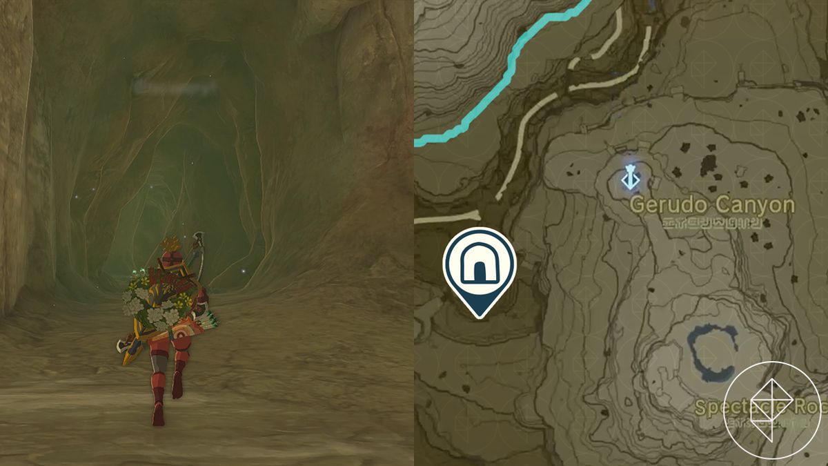 Link in piena Armatura del Clan Yiga corre lungo una grotta in Lacrime del Regno a ovest del Gerudo Canyon
