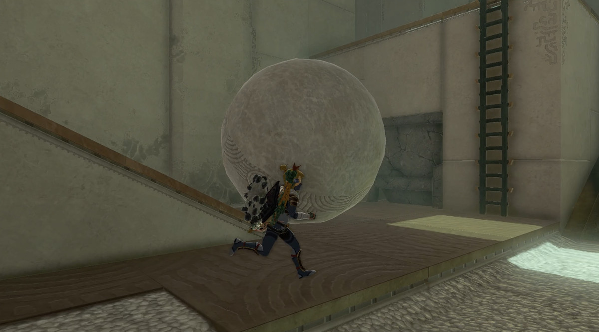 Una gigantesca palla di pietra che rotola giù da una rampa in The Legend of Zelda: Tears of the Kingdom.