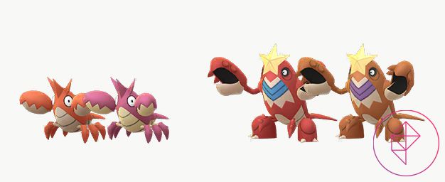 Shiny Corphish e Crawdaunt con le loro forme normali in Pokémon Go.  Entrambi i Pokémon assumono una diversa tonalità di rosso: Corphish diventa di un rosa intenso e Crawdaunt diventa più arancione.