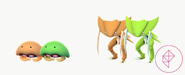 Shiny Kabuto e Kabutops con le loro forme regolari in Pokémon Go.  Entrambi diventano di un verde brillante anziché marrone.