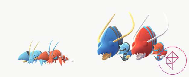 Shiny Clauncher e Clawitzer con le loro forme regolari in Pokémon Go.  Entrambe le versioni Shiny passano dal blu al rosso.