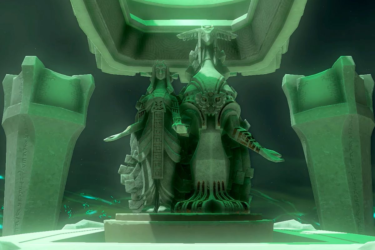 Statue di Rauru e Sonia, con le mani tese, in procinto di offrire a Link una benedizione della luce per dissipare i danni dell'oscurità alla fine di un santuario in The Legend of Zelda: Tears of the Kingdom