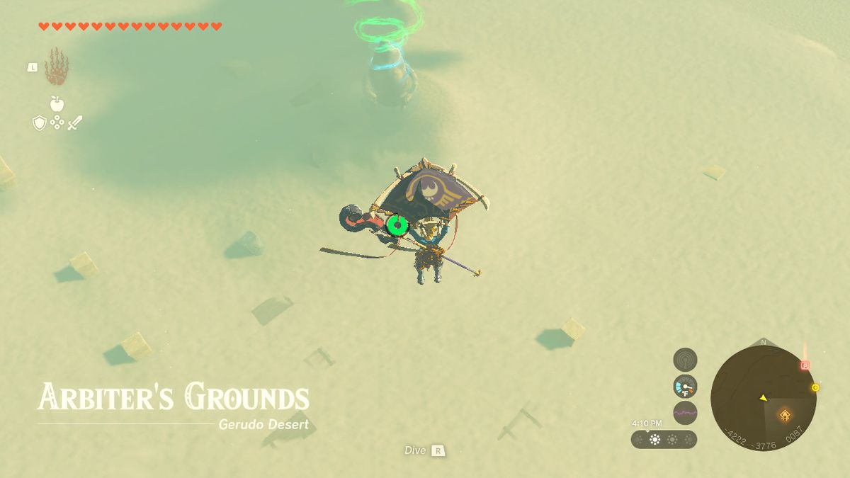 Link che vola nell'Arbiter's Grounds usando il suo aliante in Zelda: TOTK