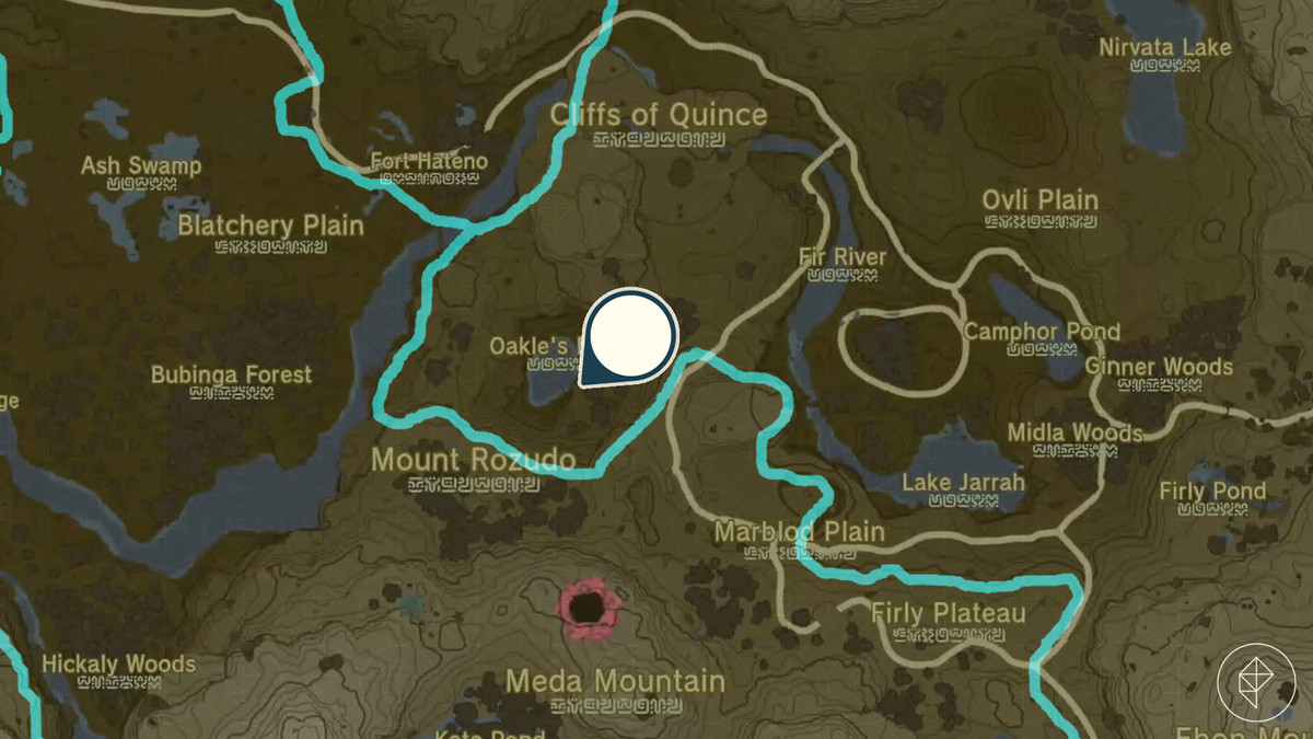 Un'immagine di una mappa di una regione in The Legend of Zelda: Tears of the Kingdom.  La mappa ha un indicatore che indica un lago chiamato Oakle's Navel. 