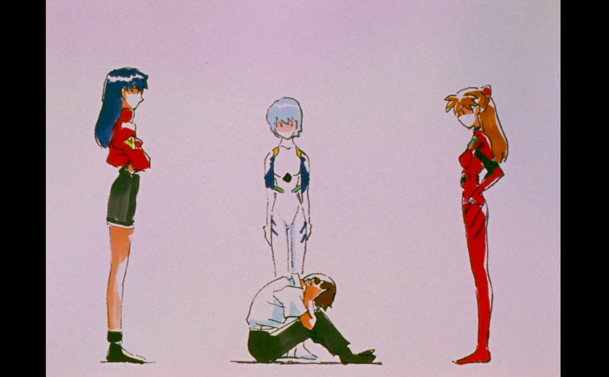 Shinji di Neon Genesis Evangelion è angosciato mentre gli altri personaggi guardano, con l'arte in uno stile più abbozzato rispetto al solito aspetto finale della serie.
