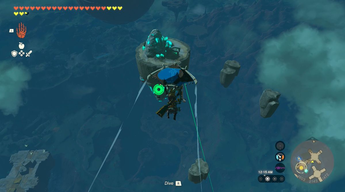 I collegamenti scendono su un'isola di pietra luminosa nelle miniere del cielo in Zelda: Tears of the Kingdom