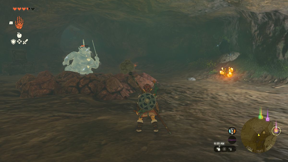 Link si trova in una stanza con un Bokoblin congelato e una macchia di rocce sul terreno in Zelda: Tears of the Kingdom