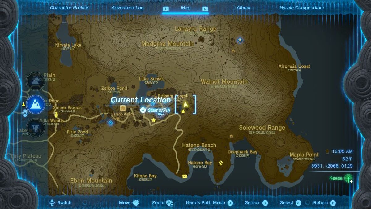 Uno screenshot della posizione sulla mappa di Walnot Mountain Cave in Zelda: Tears of the Kingdom