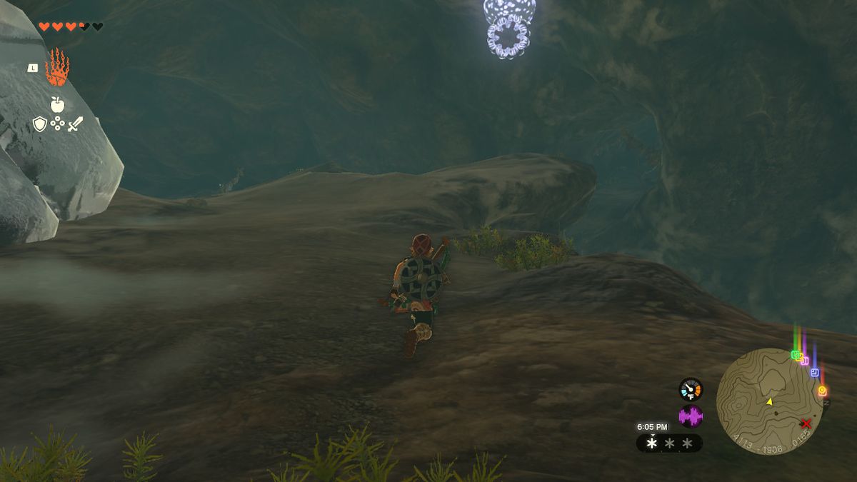 Link prende un percorso superiore verso la cassa dell'armatura barbarica, che è sorvegliata da un Like Like in Zelda: Tears of the Kingdom