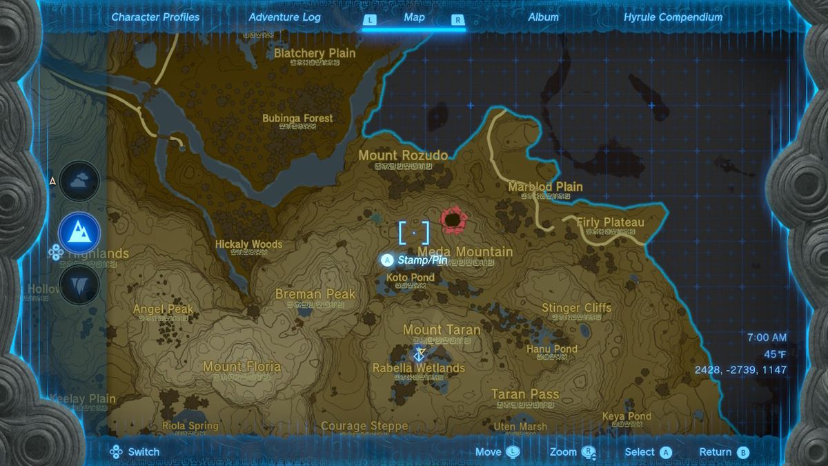 Una mappa mostra la posizione del Cap of the Sky vicino al villaggio di Hateno in Zelda Tears of the Kingdom.