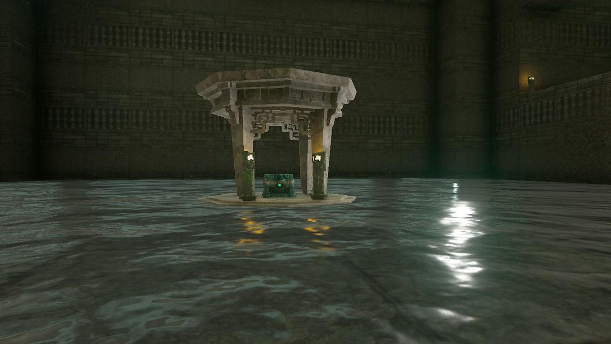 Una cassa è appollaiata su un pilastro in uno stagno nell'isola del labirinto di Lomei mentre Link cerca l'armatura dello spirito malvagio in Zelda Tears of the Kingdom.