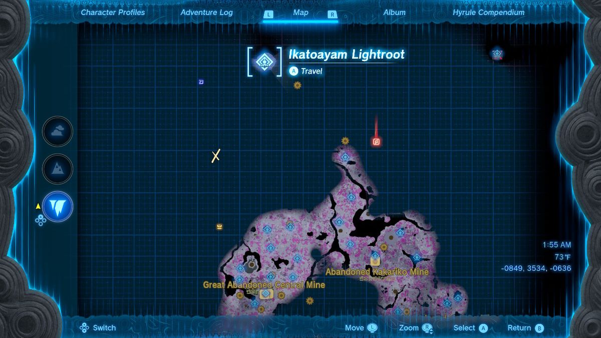 Una mappa mostra la posizione di un lightroot vicino all'armatura dello spirito malvagio in Zelda Tears of the Kingdom.