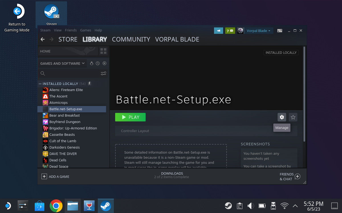 Uno screenshot del desktop di Steam Deck, che mostra l'eseguibile di installazione di Battle.net nella libreria di Steam.