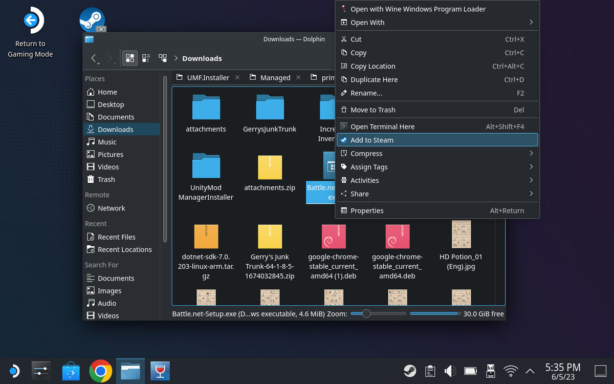 Uno screenshot del desktop di Steam Deck che mostra l'opzione 