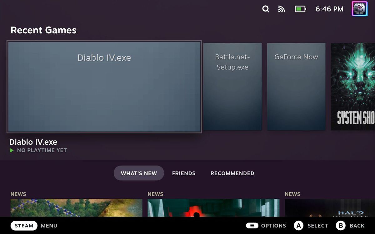 Uno screenshot di Steam Deck che mostra l'eseguibile di Diablo 4 nella barra dei giochi recenti.