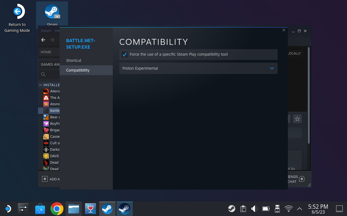 Uno screenshot della schermata di compatibilità dell'eseguibile di Battle.net, come si vede nella libreria di Steam.