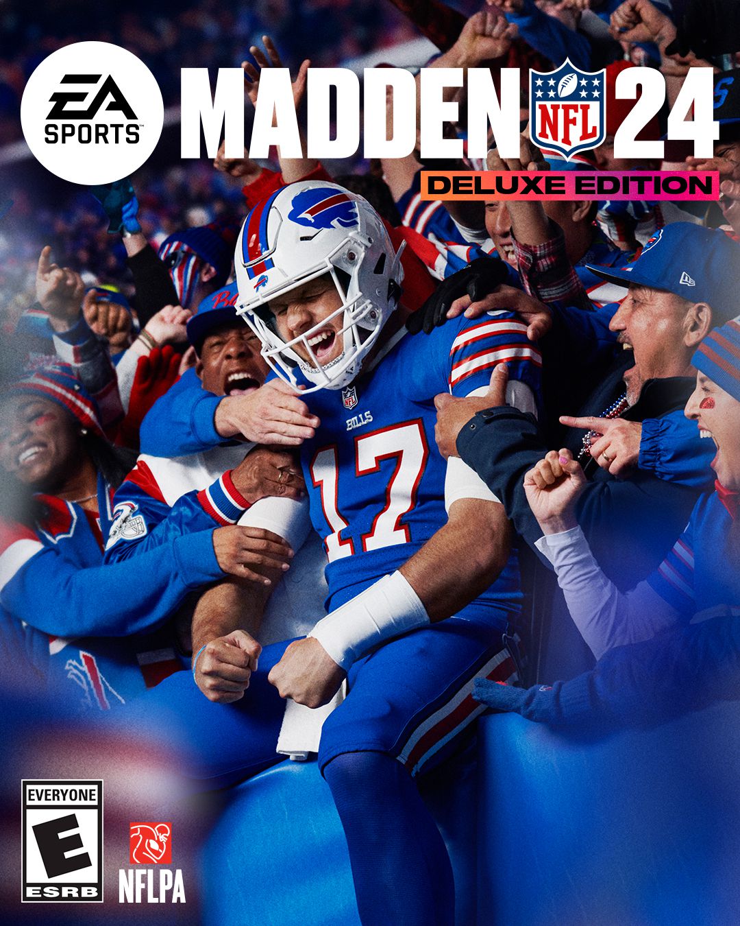 La copertina dell'edizione deluxe di Madden NFL 24;  Josh Allen dei Buffalo Bills sta festeggiando con i fan sugli spalti