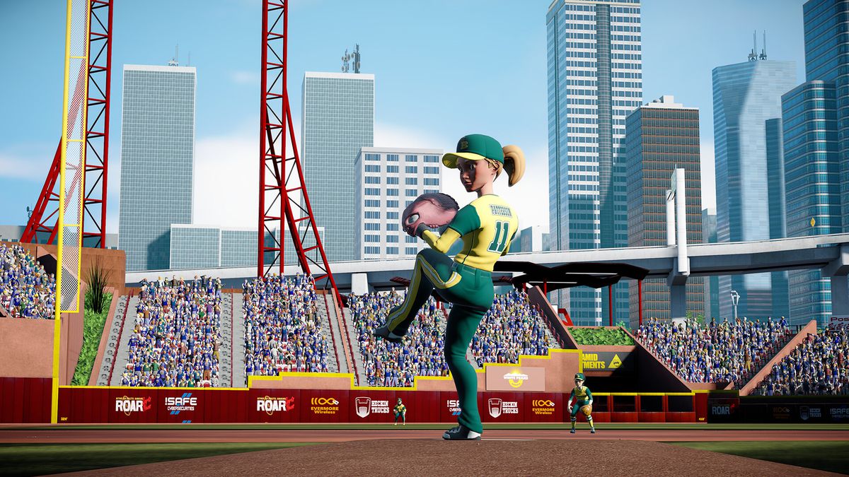 SUP FOUR EYES jk ecco il vero testo alternativo: un lanciatore di nome Patterson, in uniforme verde e gialla, si prepara a lanciare un lancio in Super Mega Baseball 4