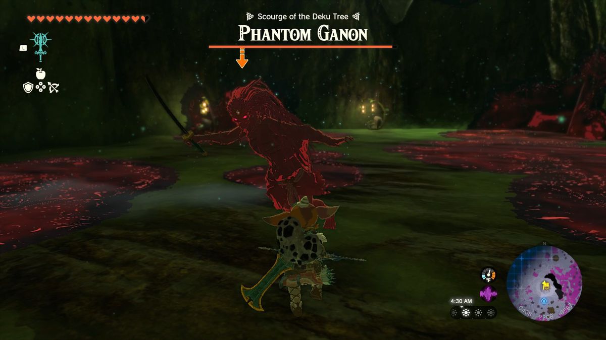 Phantom Ganon brandisce una spada contro Link in fondo al Deku Tree Chasm in The Legend of Zelda: Tears of the Kingdom