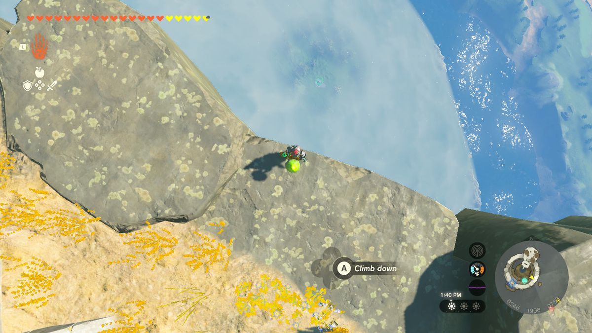 Link guardando giù da Bravery Island per vedere il Santuario dei Ninji in Zelda: TOTK.