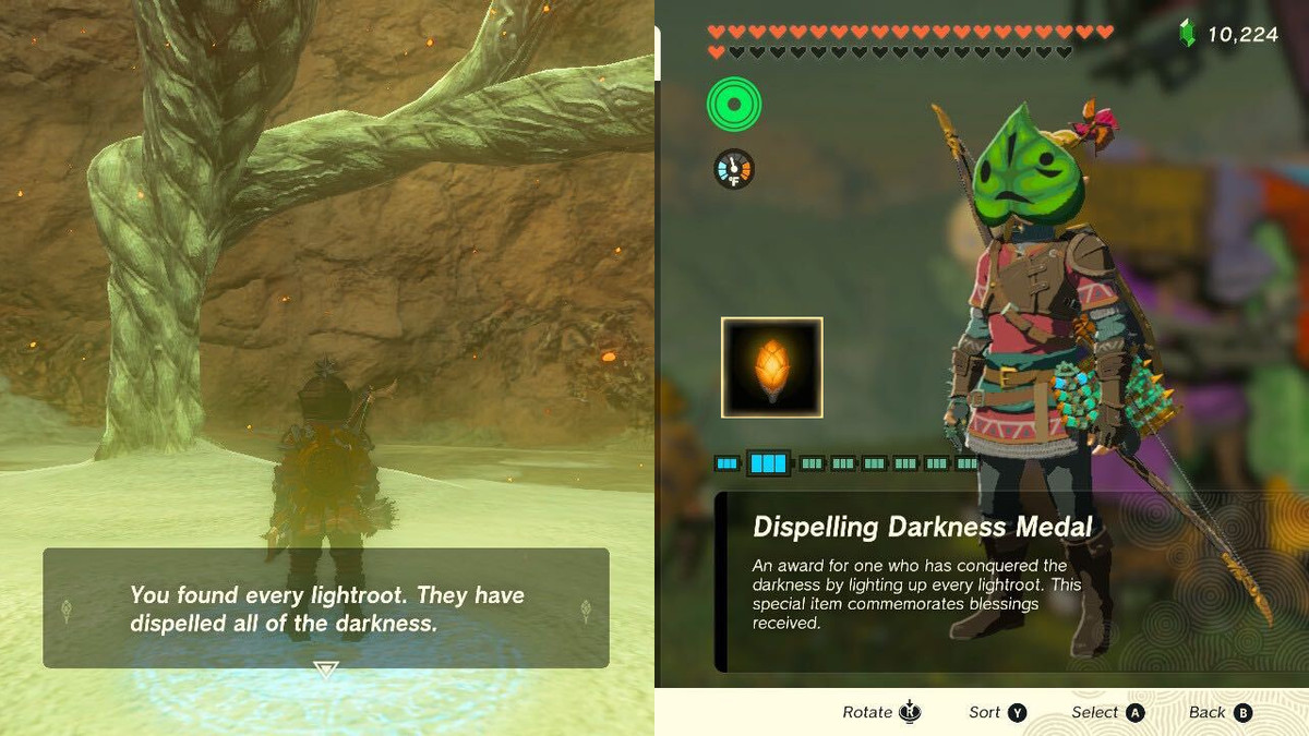 Link che riceve la Medaglia dell'Oscurità Dissipatrice dopo aver sbloccato tutti i 120 lightroots trovati nelle Profondità in The Legend of Zelda: Tears of the Kingdom.