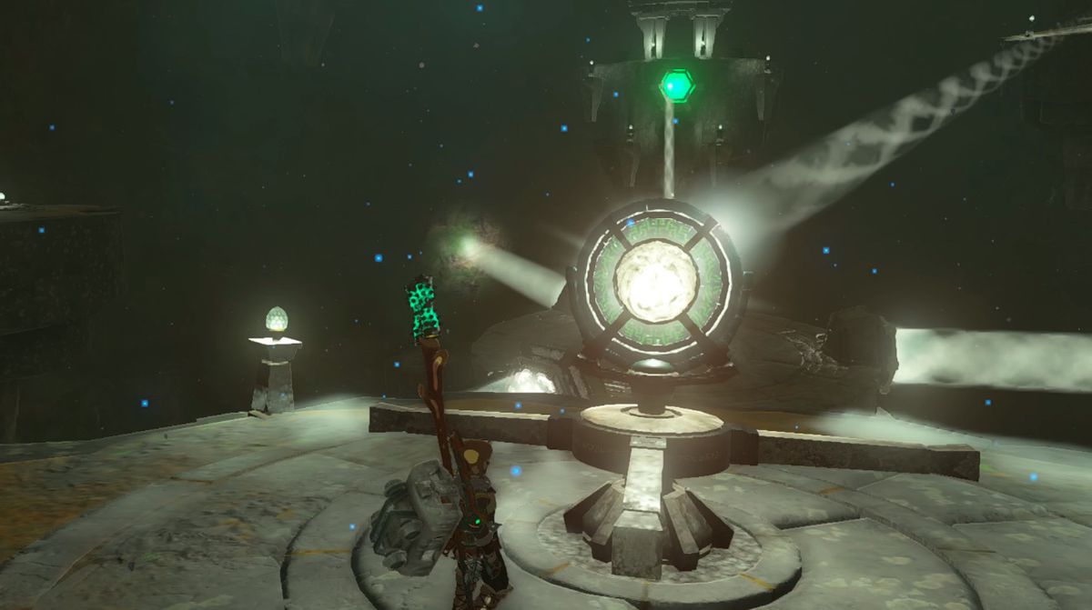 Link punta un raggio di luce su un bersaglio a Starview Island in Zelda: Tears of the Kingdom