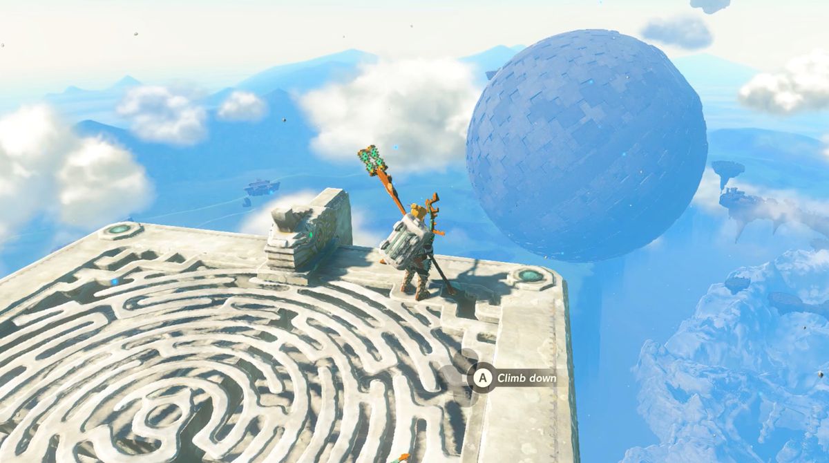 Link si trova su una piattaforma sospesa intorno alla regione del cielo di Gerudo Highlands in Zelda: Tears of the Kingdom