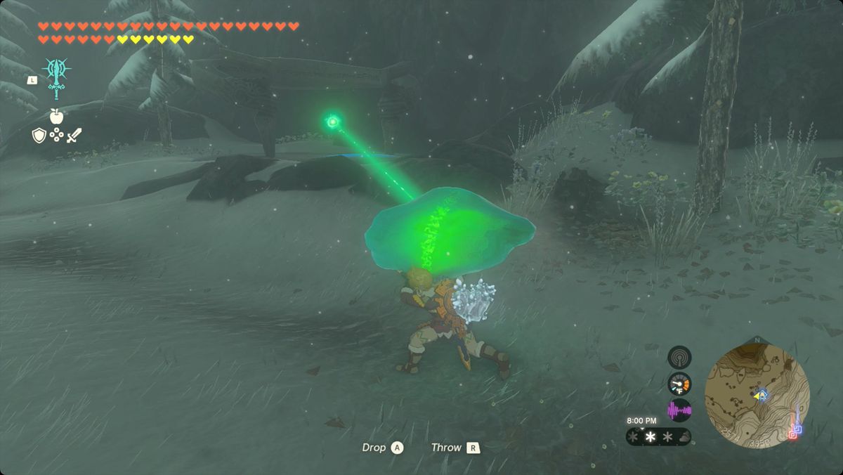 The Legend of Zelda: Tears of the Kingdom Link che riporta il Cristallo dei Monti Hebra Settentrionali al Santuario di Sisuran.