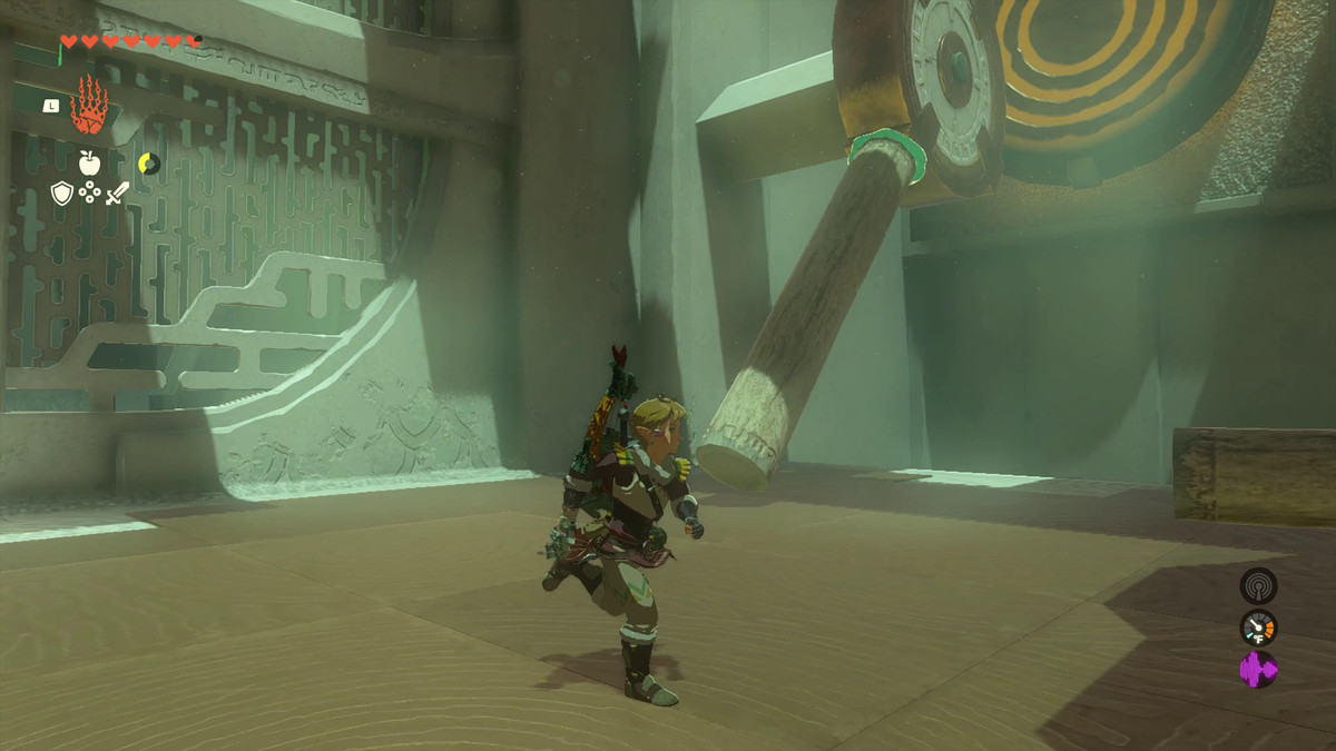 Dopo che Link usa Ultrahand per attaccare un tronco a un ingranaggio nel Santuario di Oshozan-u, l'ingranaggio ruota verso il basso, sopportando il peso del tronco