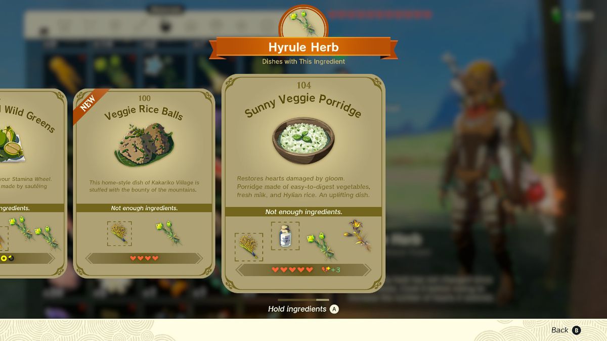 Uno screenshot della ricetta del Sunny Veggie Porridge in Zelda: Tears of the Kingdom