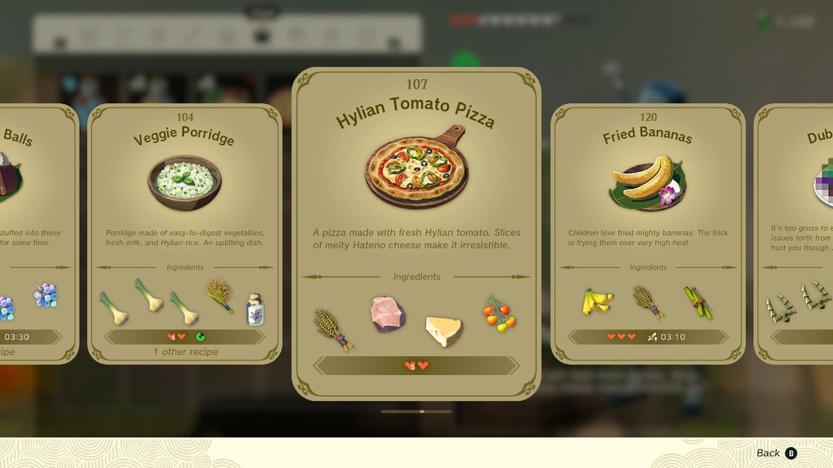 Uno screenshot della Hylian Tomato Pizza in Zelda: Tears of the Kingdom