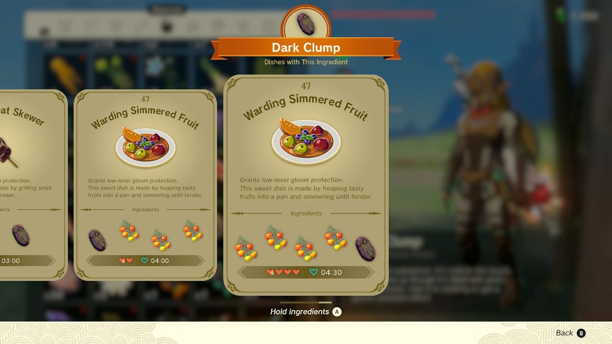 Uno screenshot della ricetta Warding Simmered Fruit in Zelda: Tears of the Kingdom