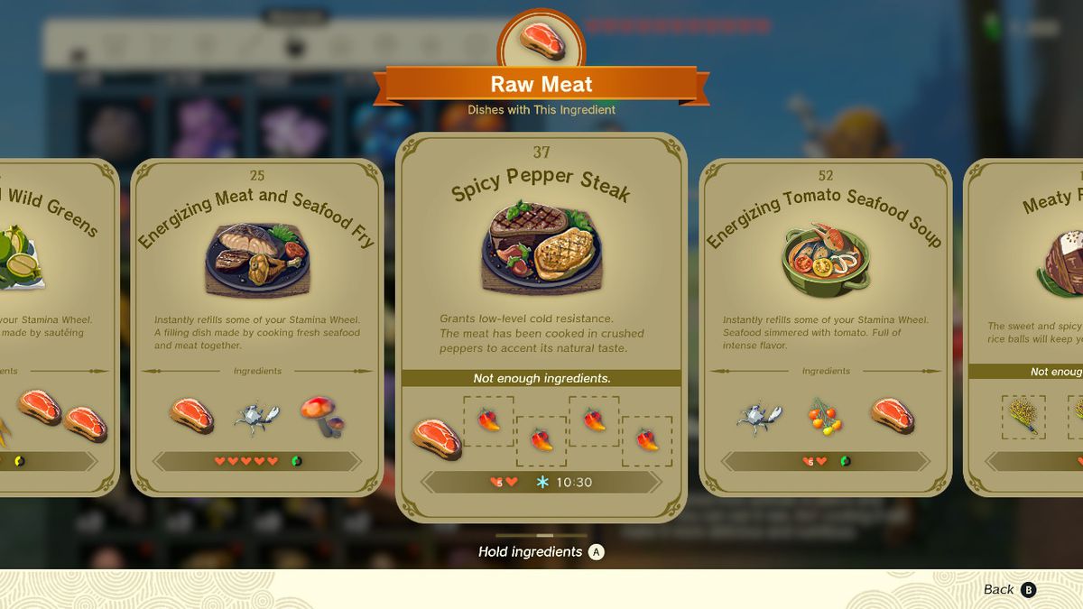 Uno screenshot della ricetta della bistecca al pepe piccante in Zelda: Tears of the Kingdom