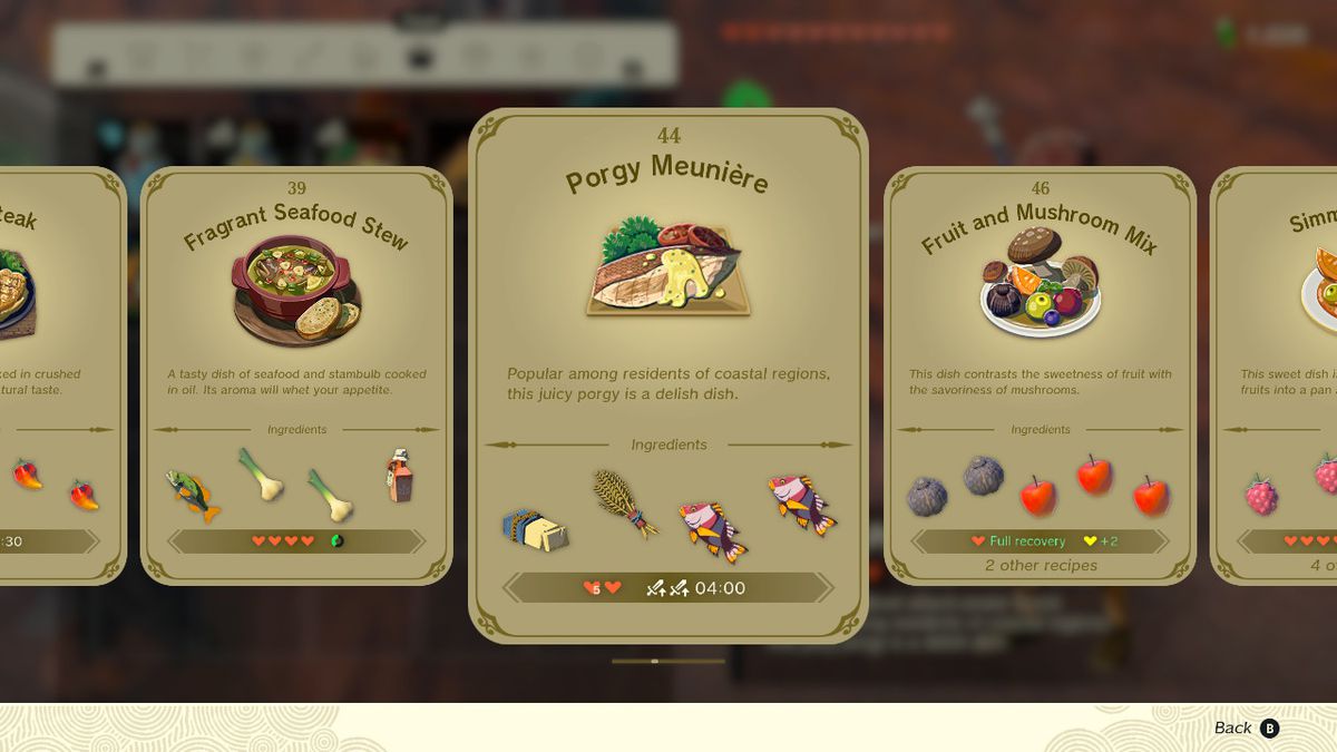 Uno screenshot della ricetta di Porgy Meunière in Zelda: Tears of the Kingdom