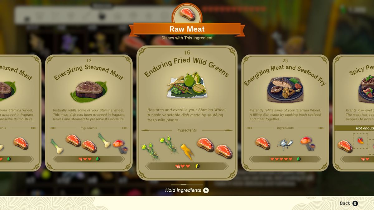 Uno screenshot del ricettario di Zelda: Tears of the Kingdom che evidenzia la ricetta Enduring Fried Wild Greens