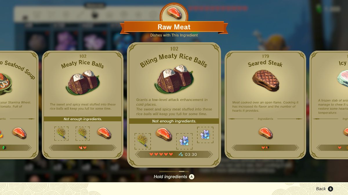 Uno screenshot della ricetta delle polpette di riso mordaci in Zelda: Tears of the Kingdom
