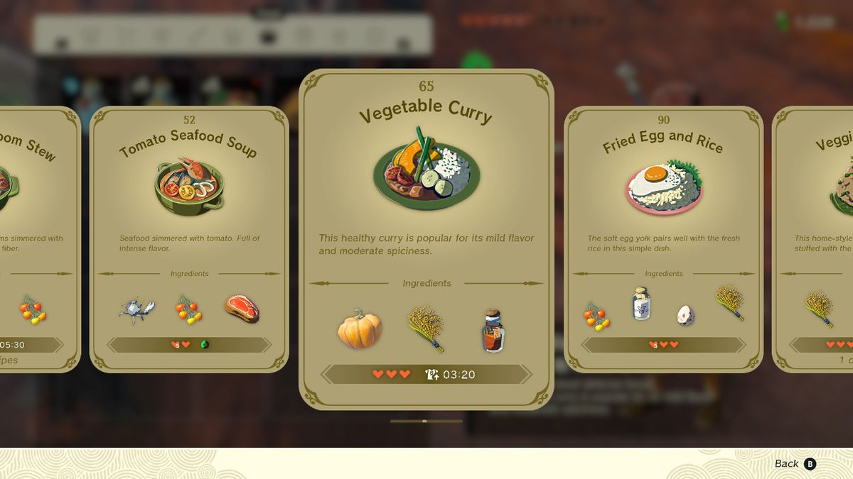 Uno screenshot del cibo della ricetta che mostra il curry di verdure in Zelda: Tears of the Kingdom