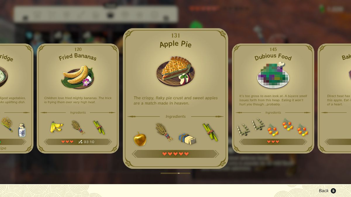 Uno screenshot del ricettario di Zelda: Tears of the Kingdom che mostra la torta di mele