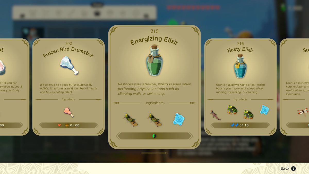 Uno screenshot del ricettario dell'elisir in Zelda: Tears of the Kingdom, che evidenzia l'elisir energizzante