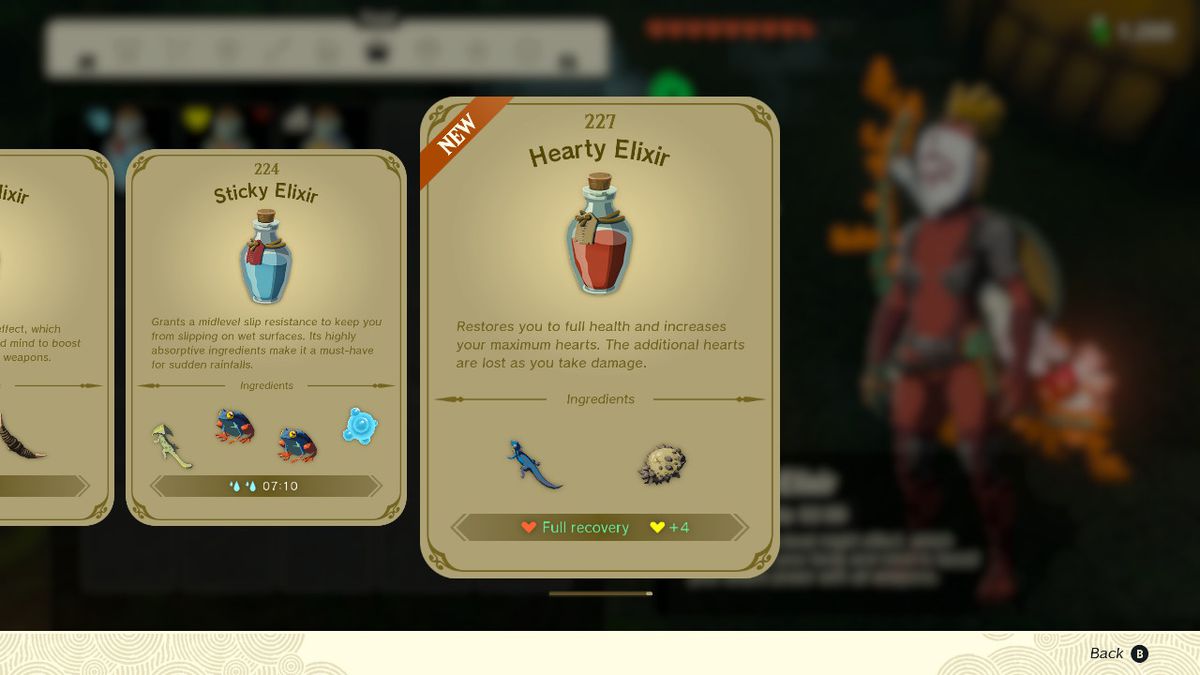 Uno screenshot del ricettario dell'elisir in Zelda: Tears of the Kingdom, che evidenzia l'elisir abbondante