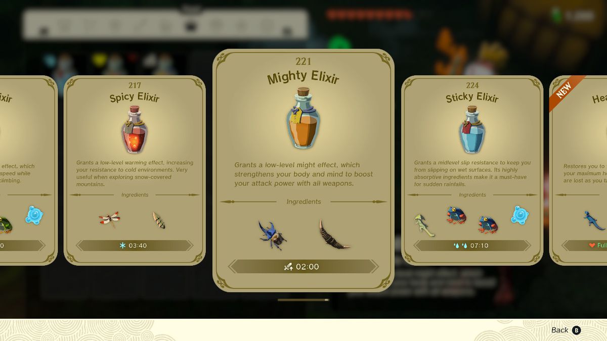 Uno screenshot del ricettario dell'elisir in Zelda: Tears of the Kingdom, che mette in evidenza il potente elisir