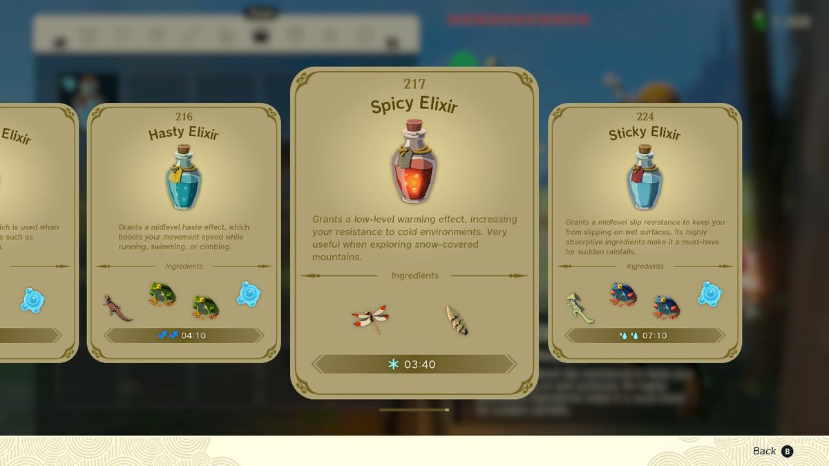 Uno screenshot del ricettario dell'elisir in Zelda: Tears of the Kingdom, che evidenzia l'elisir piccante