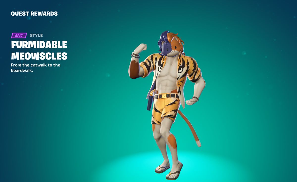 Furmidable Meowscles in Fortnite, che indossa un completo con stampa tigre.